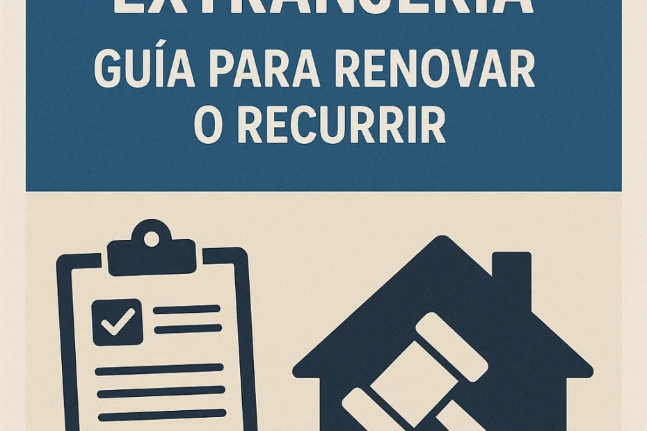 Guía sobre la renovación y los recursos de extranjería, con un icono de checklist para renovar el permiso de residencia y un mazo de juez para recurrir una denegación.