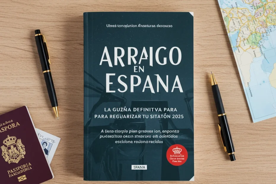 Guía sobre el Arraigo en España representada por un libro, un pasaporte y un mapa, simbolizando los requisitos y la documentación para conseguir el permiso de residencia.