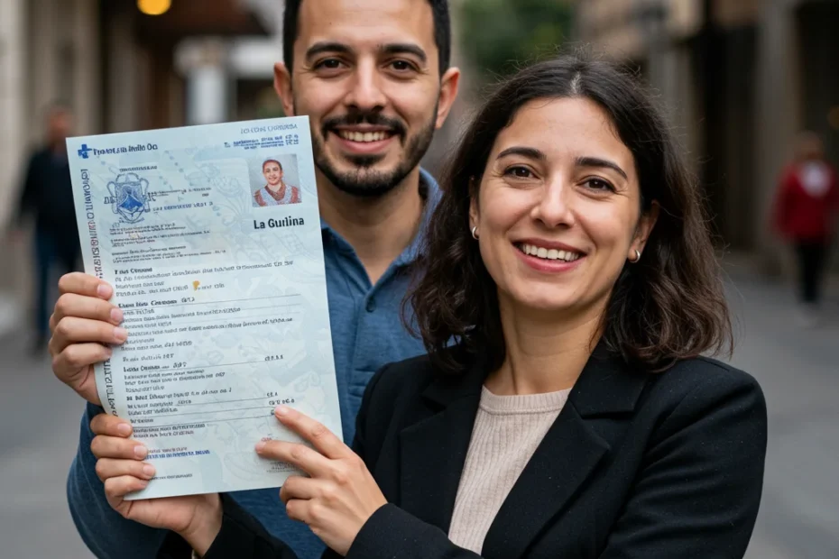 Pareja sonriente mostrando su permiso de residencia de familiar de ciudadano de la UE en una calle de España, simbolizando el éxito del proceso de reagrupación familiar.