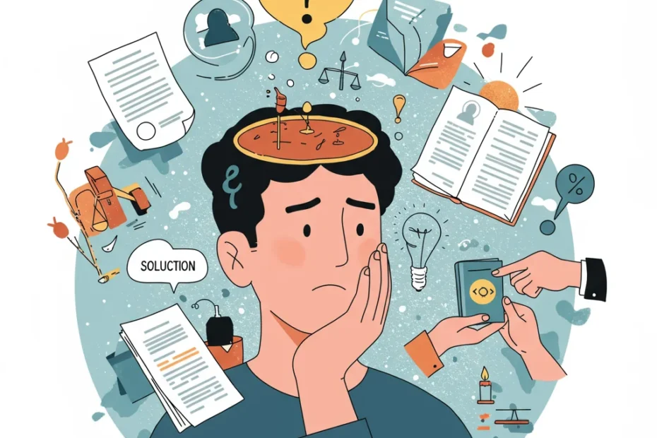 Ilustración de una persona abrumada por un problema legal, buscando una consulta gratis con un abogado para resolver sus dudas sobre despidos, herencias o impuestos.