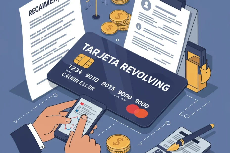 Ilustración que representa el proceso legal para reclamar los intereses por usura de una tarjeta revolving ante un abogado, con la balanza de la justicia de fondo.